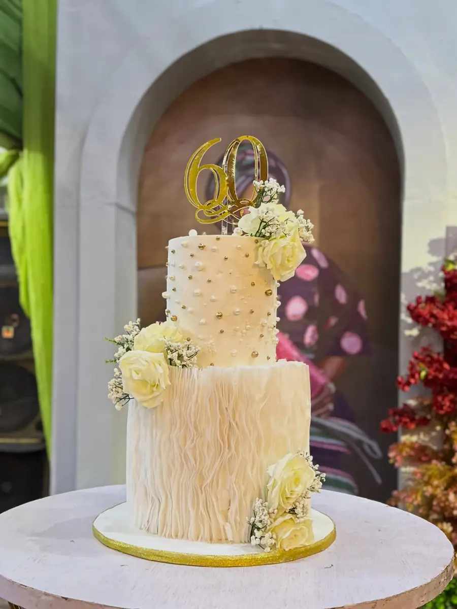 Close-up of wafer paper flowers on a celebration cake